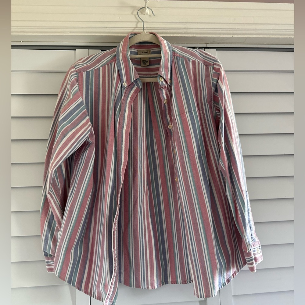 L.L. Bean Men's Pink and Blue Striped Button-Down Shirt